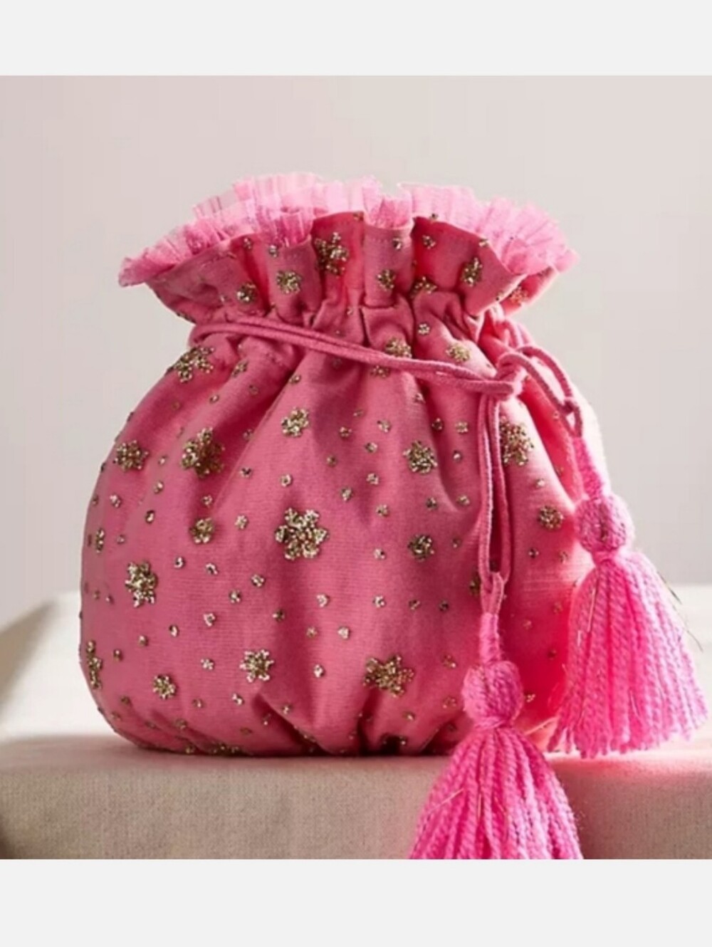 NWT! Free People, Seasons Sparkle Mini Gift Sack, Hot Pink/Gold, MSRP $58